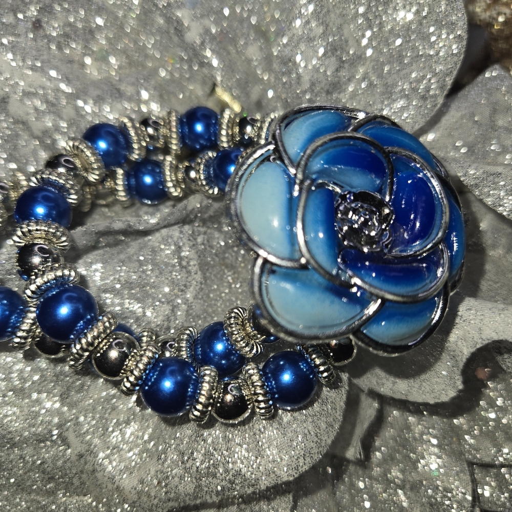 Fashion Jewelry I Rose Double Bracelet I Faux Blue Pearl I Expandable
